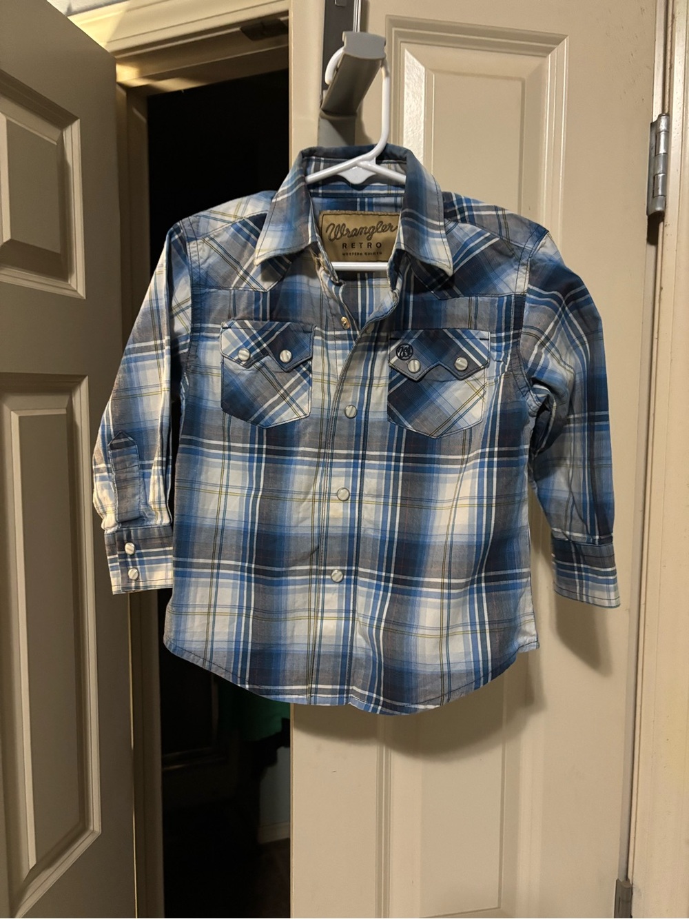 Wrangler Blue and White Plaid Boys' Long Sleeve Button-Down Shirt